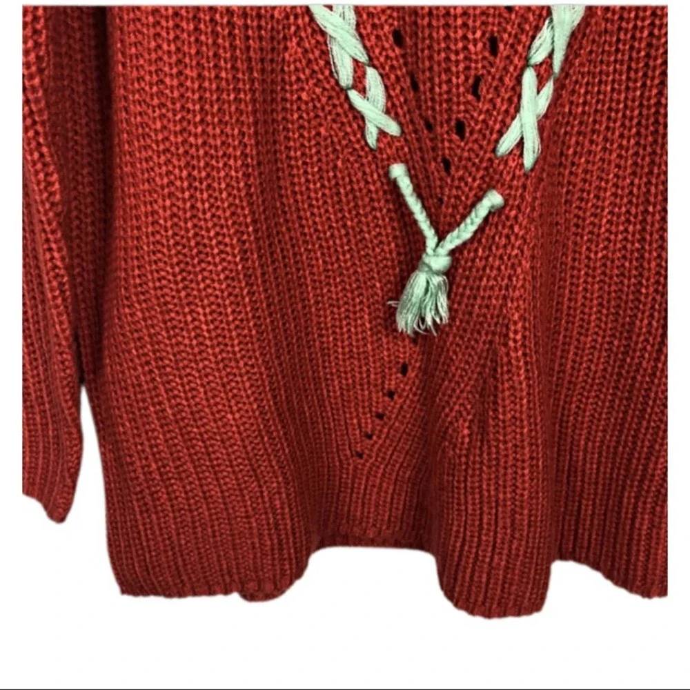 Hayden LA Lace up Braid Tassel Sweater Rust orange kids sweater - Picture 4 of 9